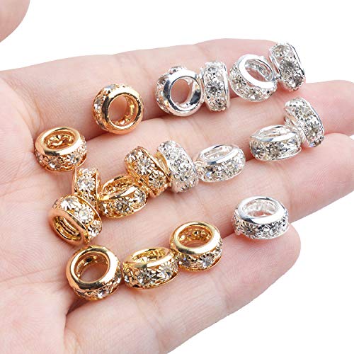 Large Hole Rhinestone Spacer Beads, 40pcs 10mm Crystal Pave Brass Rondelle Beads Fit European Bracelet Snake Chain Jewelry DIY - color: Gold&Silver, size: 10MM