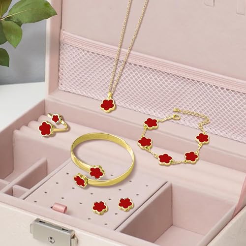 Lucky Flower Alloy Jewelry, Lucky Flower Design Necklace Earrings Bracelet Bangle Ring Jewelry Set, Clover Gold Plated Chain Wrap Ornament & Plush Pouch for Women - color: Red