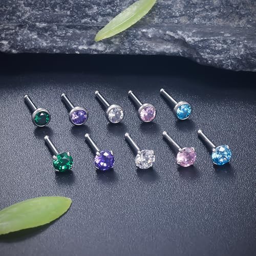 ASTM F136 Titanium Nose Rings 18G 20G 22G Jeweled Mix Color CZ Nose Studs Ring Screw L-Shaped Bone Hypoallergenic Nostril Body Piercing Jewelry for Women 1.5mm 2mm 2.5mm 3mm 10PCS - style: Bone:18G(1.0mm)-3mm CZ