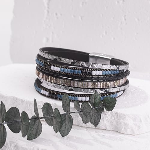 Boho Layered Leather Wrap Bracelets Chunky Western Country Hippie Jewelry | Stackable Bohemian Cowgirl Magnetic Clasp Cuff Bangle Set Fashion Stack Statement Festival Trendy Jewelry Gifts for Women - color: Black