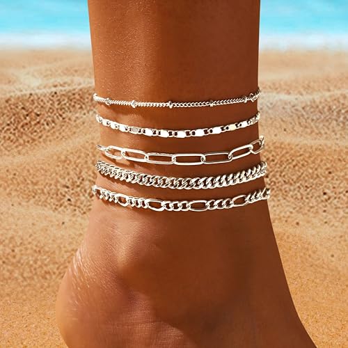 Gokeey Ankle Bracelets for Women Waterproof, 14k Gold Plated Jewelry Set Layered Cuban Figaro Link Chain Anklets Set Gold Anklets Summer Boho Beach Jewelry Gift Adjustable Size - color: Silver