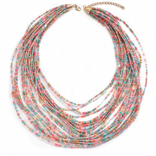 Colorful Multi-layered Seed Beaded Necklace Choker For Women Bohemian Handmade Crystal Stone Gemstone Hawaiian Necklace Holiday Birthday Summer Beach Jewelry Gift - color: Color