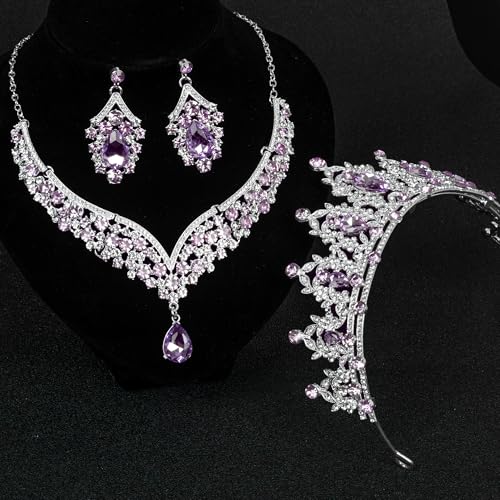 Crowns and Tiaras jewelry sets for Wedding princess birthday party Halloween Prom Pageant Jewelry for Women Crystal Bridal Jewelry Set for women - color: Silver purple