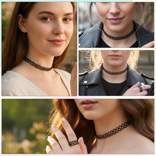 9 Pcs Tattoo Choker Necklace Bracelet Ring Set Tattoo Stretch Collection Gothic Choker Necklaces Y2K Fashion Vintage Elastic Neck Lace Stretchy Tattoos Effect Accessories for Women