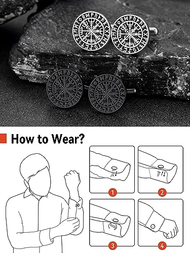 FaithHeart Mens Cufflinks, Norse Viking Tuxedo Shirt Cuff Links, Stainless Steel Cuff Links and Shirt Studs, Gift Box - style: 01. Compass-Silver