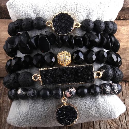 Yomisa 5PCS 6PCS Natural Boho Beaded Bracelets/Bangle for Women Men,Healing Turquoise Jasper Agate Crystal Gemstone Stone Chakra Multilayer Wrap Bohemian Handmade Jewelry Beads Stretch Bracelet Set - color: 5PCS-Black