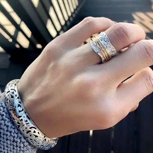 Vintage Hammered Texture Wide Band Ring, 15mm Wide Brass Double Plated (Silver & Gold) with Wavy Edge and Triple Gold Wire Inlay