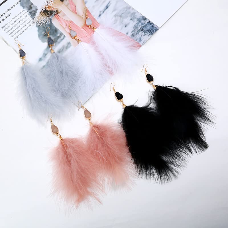 Long Natural Feather Tassel Drop Dangle Earrings Pheasant Feathers Peacock for Women Bohemian Handmade Lightweight Jewelry - color: Grey