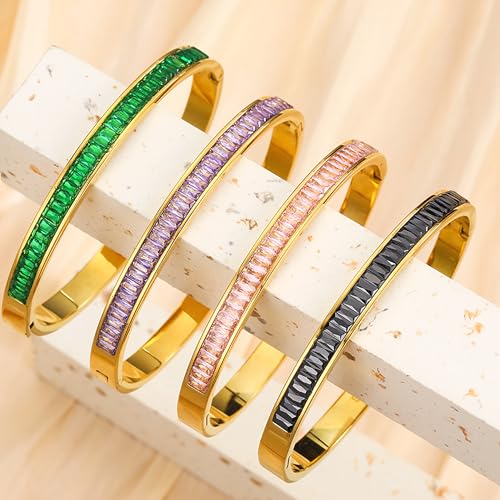Gold Rhinestone Bangles Bracelets for Women, Chunky Crystal Stainless Steel Stackable Cuff Bracelet Prom Fashion Jewelry Gift - color: Purple
