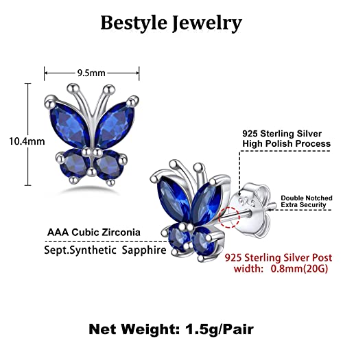 Bestyle Gold Butterfly Earrings for Women, Dainty Cute Birthstone Studs Hypoallergenic Jewelry, Great Birthday Gift - style: 09.September (Sapphire)-STUD