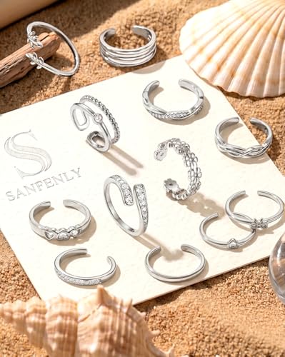 Sanfenly 12 Pcs Toe Rings for Women Non Tarnish Waterproof | 14K Gold Filled Dainty Thin Chunky Open Band Rings, Trendy Silver Plated Adjustable Toe Rings, Summer Beach Foot Jewelry Set - color: Silver Plated