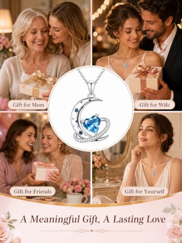 Birthstone Necklace for Women White Gold Moon and Star Pendant Moon Jewelry Anniversary Birthday Gifts for Mom Wife Her - color: 12. December - Blue Topaz