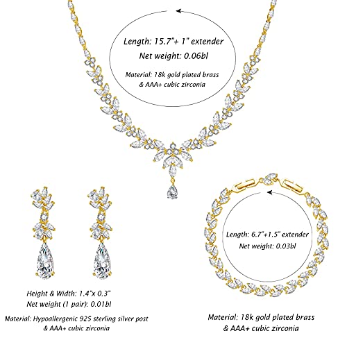Jewelry Set for Women, Cubic Zirconia Necklace Dangle Earrings & Bracelet Jewelry Set for Bride Bridesmaid Wedding Engagement Prom Party - style: Gold-Necklace+Bracelet+Earrings