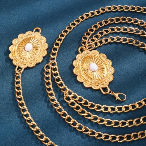 Chain Belt for Women Fashion Multilayer Metal Waist Chain Dress Belt Adjustable - size: Fit Waist Up to 53'', style: Gold-E