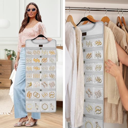 SMRITI Hanging Jewelry Organizer with Dual Zippered Pockets Canvas Double Sided Rotating Hanger Necklace Hanging Wall Organizer Earring Dustproof Holder Wall Mount Accessories Display Bag(Light Grey) - color: Light Grey