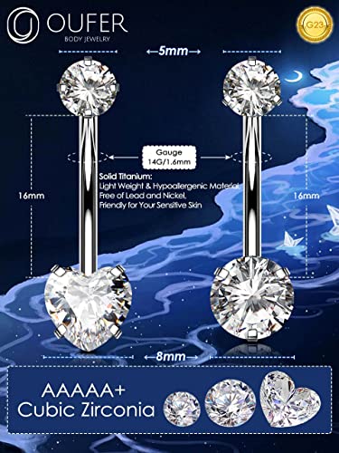 OUFER Titanium Belly Button Rings, Long Belly Piercing Jewelry, Clear CZ Belly Rings, Internally Thread Navel Piercing Jewelry For Women Men - style: Heart CZ