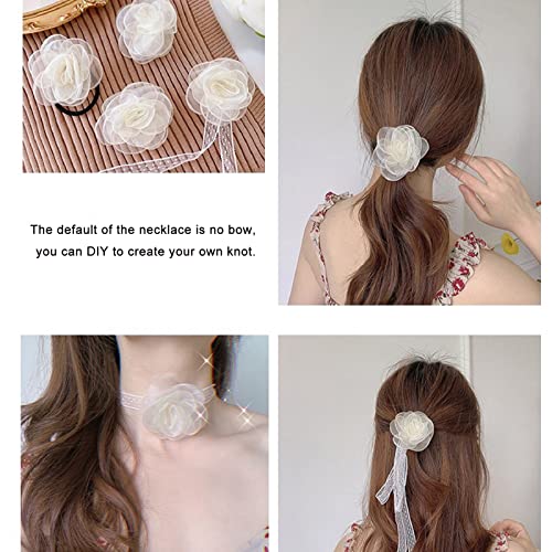 Black Choker Camellia Flower Lace-up Necklace For Women - color: Creamy White