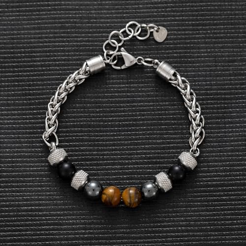 Mens Bead Bracelet Set - Adjustable Elastic Rope With 6&8MM Natural Stone Multi-Colored Beads - Tiger Eye Bracelets for Men - Gift - style: 1 Stainless steel bracelet