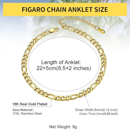 ChainsHouse Ankle Bracelets for Women, Stainless Steel Beaded Chain Ankle Bracelet, Womens Heart Anklets for Summer Beach Jewelry Gifts - color: F: figaro-5mm-gold
