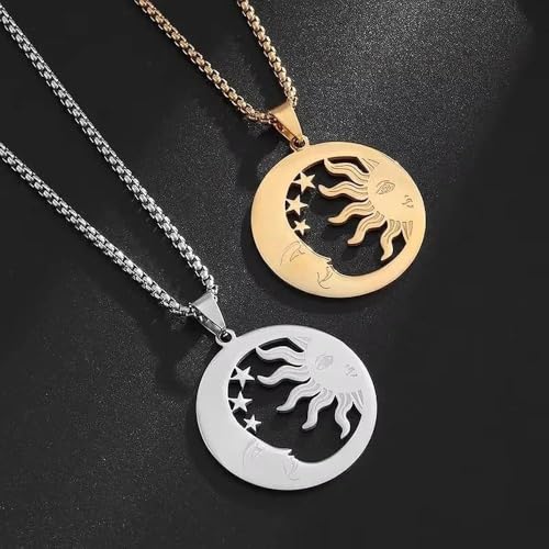 Sun Moon Star Hollow Pendant Box Chain Necklace for Women | Hollow sun moon star design represents companionship, smooth polished, versatile daily jewelry for women - color: golden