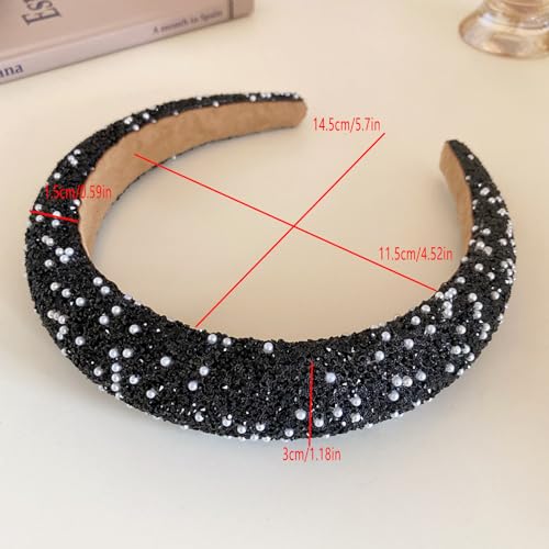 Glitter Crystal Headband for Women Sparkly Bling Diamond Headband Wide Hairband Sparkle Beaded Crystal Headband Thick Padded Headband for Party Non Slip Glitter Hair Hoop (Black, L) - color: Black