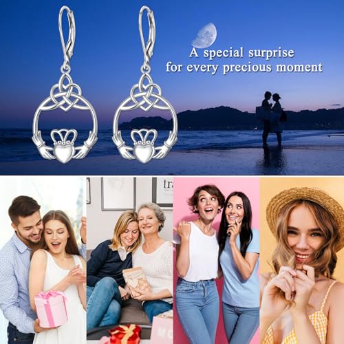 S925 Sterling Silver Celtic Knot Earrings for Women Irish Good Luck Drop Dangle Hook Earrings - style: Dangle Leverback - Heart Celtic Claddagh