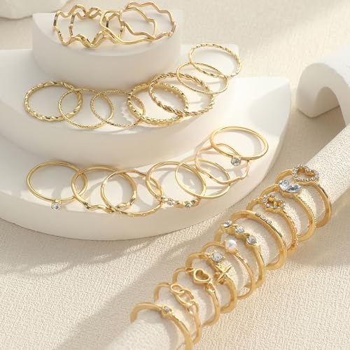 Gold Rings for Women Non Tarnish Stackable Rhinestone Moon Star Rings Dainty Stacking Pearl Butterfly Midi Pinky Thumb Joint Finger Knuckle Ring Set Gold Non Tarnish Jewelry Gifts Trendy Stuff - color: C Gold Stackable Rings 28Pcs