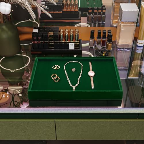 Flat Velvet Jewelry Display Tray for Dresser & Retail Green | No Compartment Design, Large Open Space, Stackable, For Ring Necklace Bracelet Watch Earring Bangle - size: 1 Grid