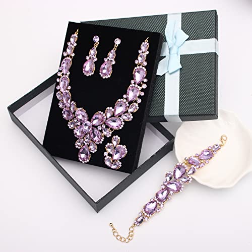 Women's Wedding Bridal Austrian Crystal Glass Teardrop Statement Necklace Dangle Earrings Bracelet Ring Wedding Party Jewelry Set for Bridal Bridesmaid - color: Violet-Gold Plated
