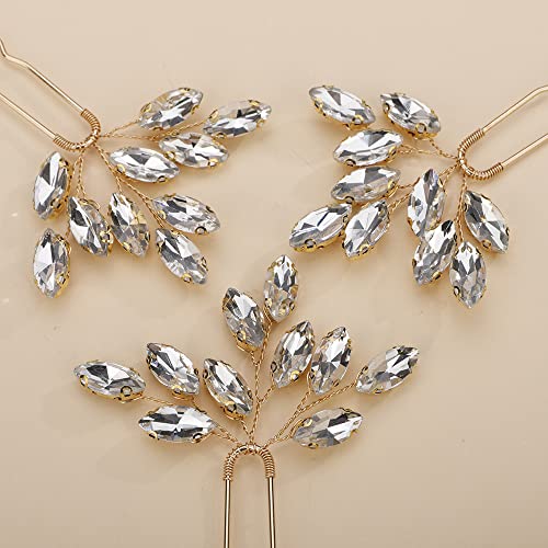 Teyglen 3pcs Bridal Crystal Hair Pins Rhinestones Hair Pieces Simple Crystal Wedding Hair Accessories Handmade Hair Pins for Women Bride Girls (Gold) - color: Gold