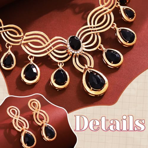 JEAIRTS Black Crystal Necklace Set 4Pcs Statement Jewelry Sets for Women | Black and Gold Formal Necklace Earrings Ring Bracelet Sets