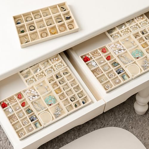 Jewelry Organizer Trays Set of 9, Velvet Lined Stackable Jewelry Trays for Drawers with Adjustable Dividers, Earring Organizer Storage, Beige 8.3 x 4.9 x 1 Inches