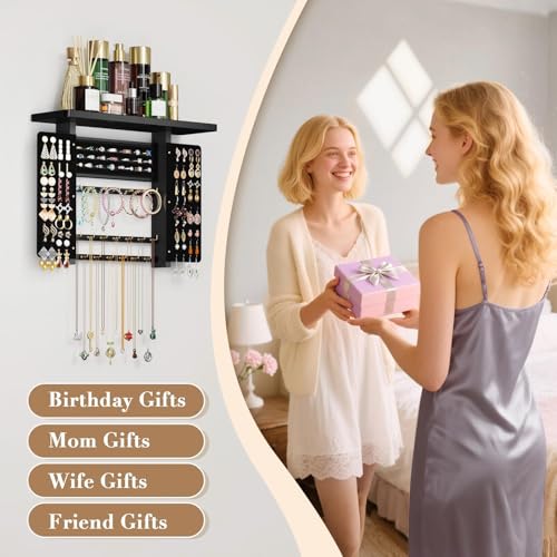 Emfogo Jewelry Organizer Hanging Wall Mounted Jewelry Holder, 5-in-1 Large Capacity Necklace Organizer Wall Display for Ring, Necklaces, Bracelets, Earrings(Black) - color: Black