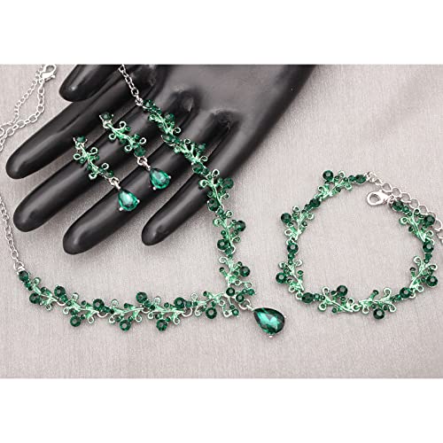 3Pcs Austrian Crystal Jewelry Set for Women, Necklace Dangle Earrings Link Bracelet Jewelry Set with Gold/Platinum/Gun Plated, Wedding Party Jewelry for Bridal Bridesmaid - color: Green-Platinum Plated