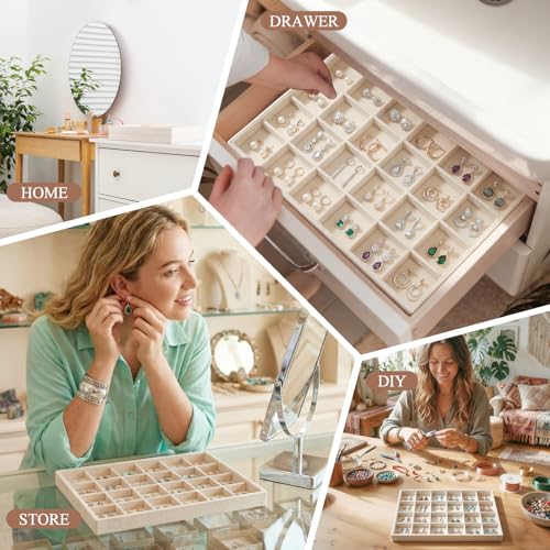 Cinnvoice 2 Pcs Stackable Jewelry Organizer Tray for Drawer, 24 Grids Velvet Earrings Ring Tray for Selling Earring Necklace Bracelet Showcase Display Organizer (Beige)