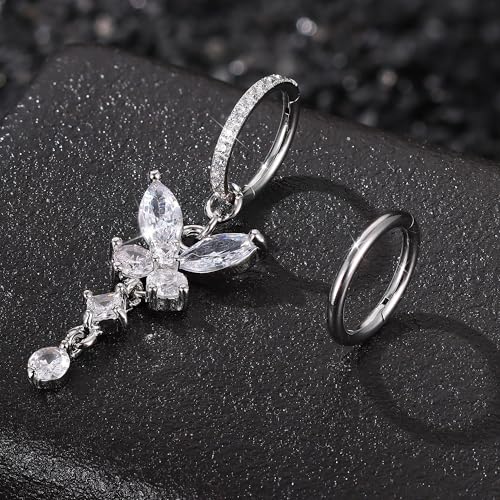 THUNARAZ 14G Hoop Belly Button Rings for Women CZ Clicker Navel Piercing | Surgical Stainless Steel Belly Navel Rings, Hoop Heart Butterfly Dangle Belly Piercing Jewelry - color: Silver Tone-Dangle Butterfly