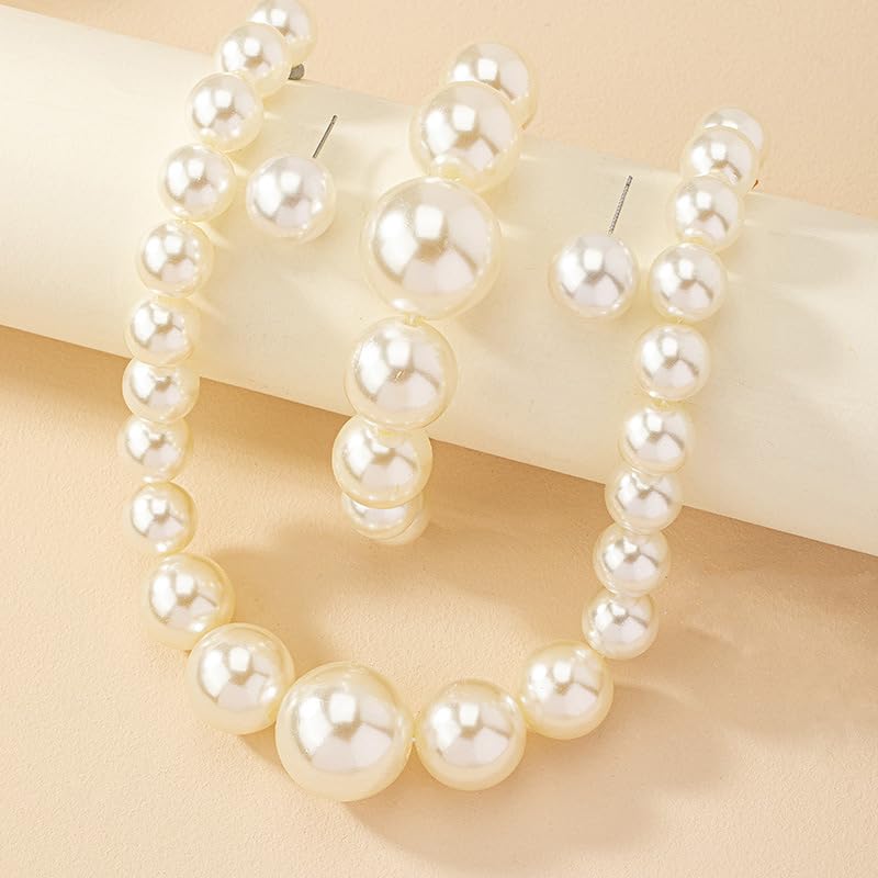 CSIYANJRY99 Pearl Necklace and Earring Set Faux Pearl Jewelry Sets for Women Imitation Beaded Pearl Necklace Bracelet Stud Earrings for Women - color: Silver Chunky Pearl