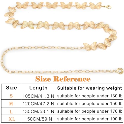 Waist Chain Belts Women Girls Metal Belly Link | Adjustable Waist Belt for Jeans and Dress - color: Gold Butterfly, size: S: 41.3 in