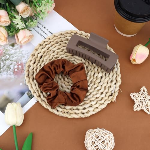 YISSION Claw Clip and Satin Scrunchie Set, 2 Pack Brown Hair Accessories, No Damage Hair Ties Non Slip Large Hair Clips for Women Girls Thick Thin Hair Daily Wear Party Wedding - color: Brown
