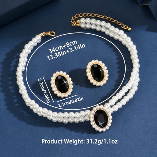 CSIYANJRY99 Pearl Necklace and Earring Set Faux Pearl Jewelry Sets for Women Imitation Beaded Pearl Necklace Bracelet Stud Earrings for Women - color: Blac Zircon Pearl Set