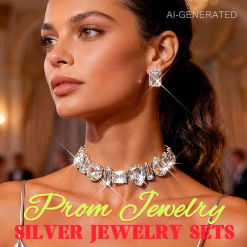 ACEDRE Rhinestone Necklace Earrings Set Silver Costume Jewelry for Women | Sparkly Large Diamond Choker Sets Prom Wedding Bridal Necklaces 2Pcs