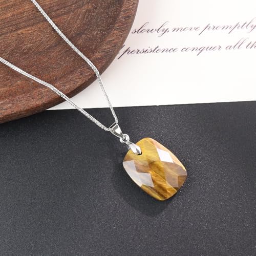 iSTONE 925 Sterling Silver Natural Crytral for Womens Pendant Necklace, Gemstone Birthstone with 17.8" Silver Chain Ladies - color: Rectangle - Tiger's Eye