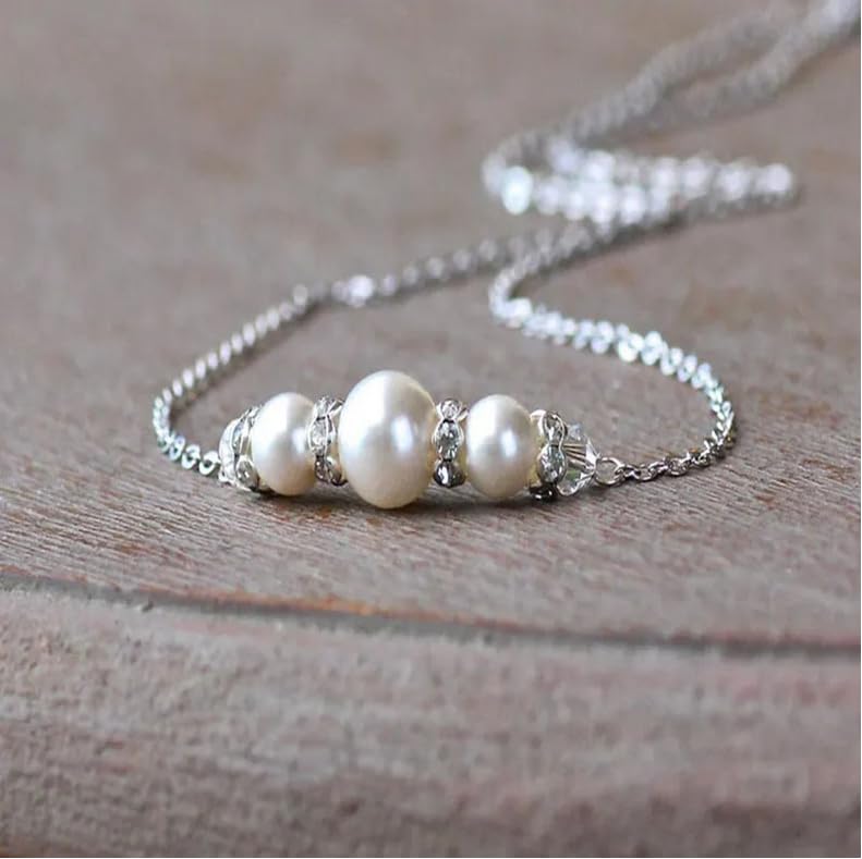 Elegant Pearl Back Chain Silver Crystal Back Drop Necklace Long Pearl Body Chain Wedding Backdrop Necklace Chain Summer Beach Body Jewelry for Women Backless Off-shoulder Dressing