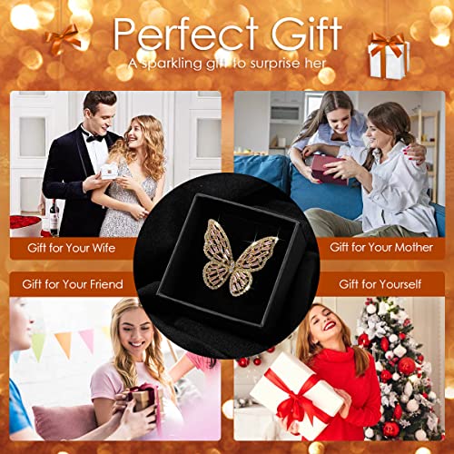 Butterfly Rings for Women Adjustable Golden Cocktail Ring Sparkly Stones Statement Silver Bow Open Wrap Bow Jewelry Bridesmaids Wedding Valentine’s Day Gift Lover Mother - color: JZ03-Gold Pink