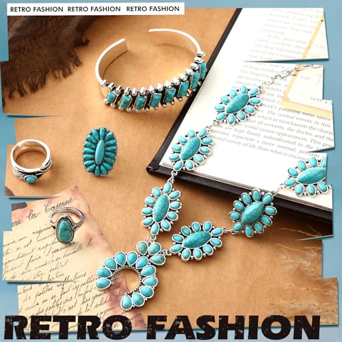 Ecally Bohemian Western Jewelry Turquoise Set Women Country Pendant Long Choker Layered Bracelets Earrings Ring for Women - color: Turquoise, style: Vibrant