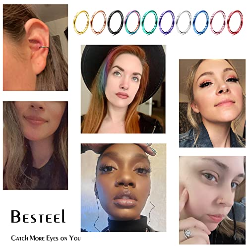 Besteel 10PCS Septum Nose Rings Hoops for Women Men - 16G 18G 316L Surgical Stainless Steel Hinged Clicker Lip Helix Rook Tragus Daith Conch Piercing Jewelry Cartilage Sleeper Earrings Set 8/10/12MM - style: 10 PCS - 18G 12MM