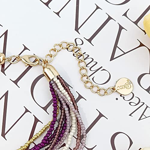 Coiris Multi Strand Statement Colorful Beaded Necklace with Big Circle Shell Pendant for Women - color: Purple