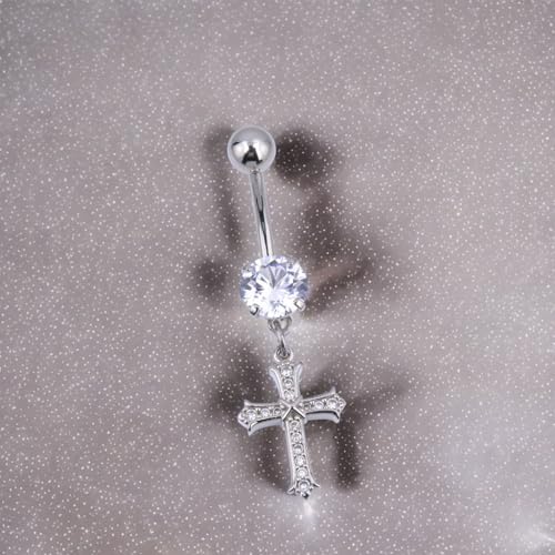 B BodyPJ Sparkles 14G Religious Belly Button Ring with Crystal Cross and Religious Charms, Stainless Steel - style: Type G,Silver