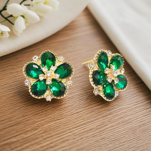 Bohemian Sparkly Crystal Flower Sliver Lightweight Stud Earrings Peach Blossom Rhinestone Floral Dangle Earrings For Women Jewelry Gifts - color: Green