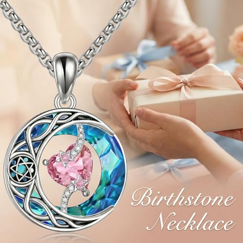 ONEFINITY Moon Star Necklace 18K White Gold Plated Celtic Moon Birthstone Pendant Necklaces Heart Birthstone Anniversary Birthday Jewelry Gifts for Women Wife Mom - style: October